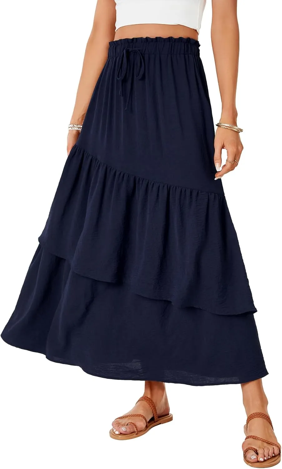 Vrtige Women's Summer Elastic High Waist A Line Flowy Asymmetrical Ruffle Maxi Long Skirts