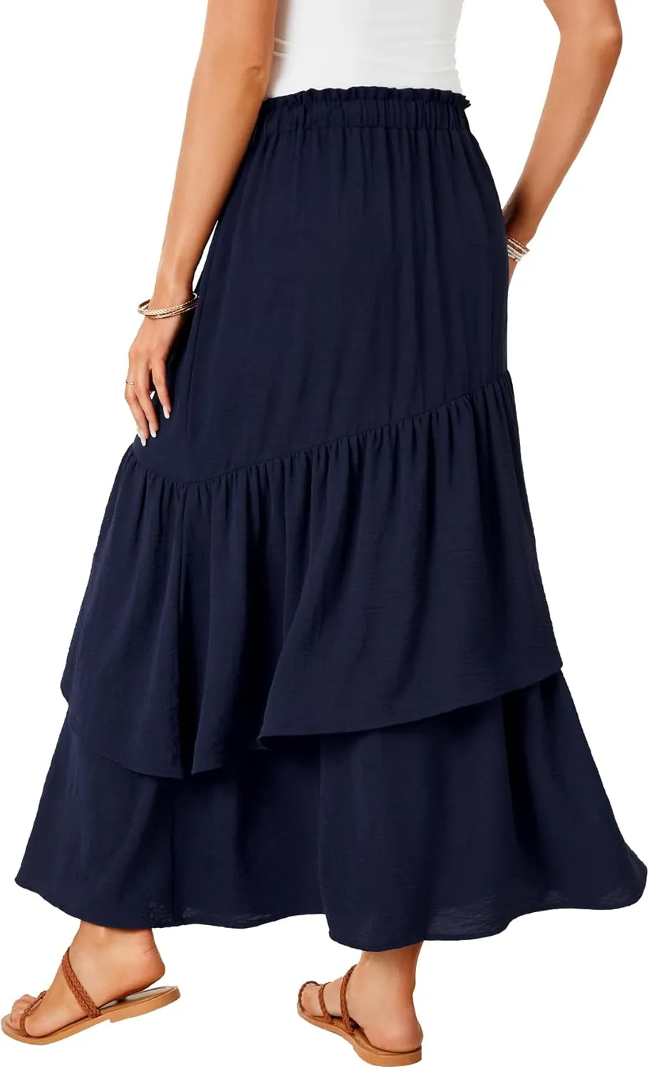 Vrtige Women's Summer Elastic High Waist A Line Flowy Asymmetrical Ruffle Maxi Long Skirts