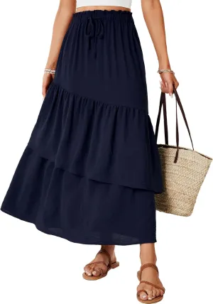 Vrtige Women's Summer Elastic High Waist A Line Flowy Asymmetrical Ruffle Maxi Long Skirts