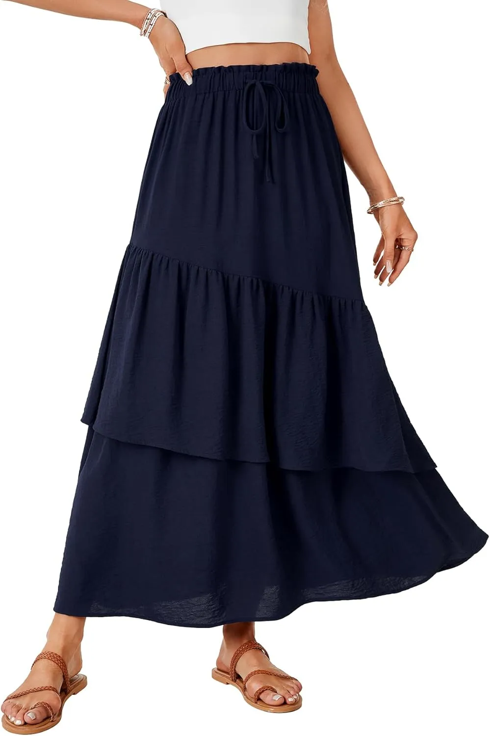 Vrtige Women's Summer Elastic High Waist A Line Flowy Asymmetrical Ruffle Maxi Long Skirts