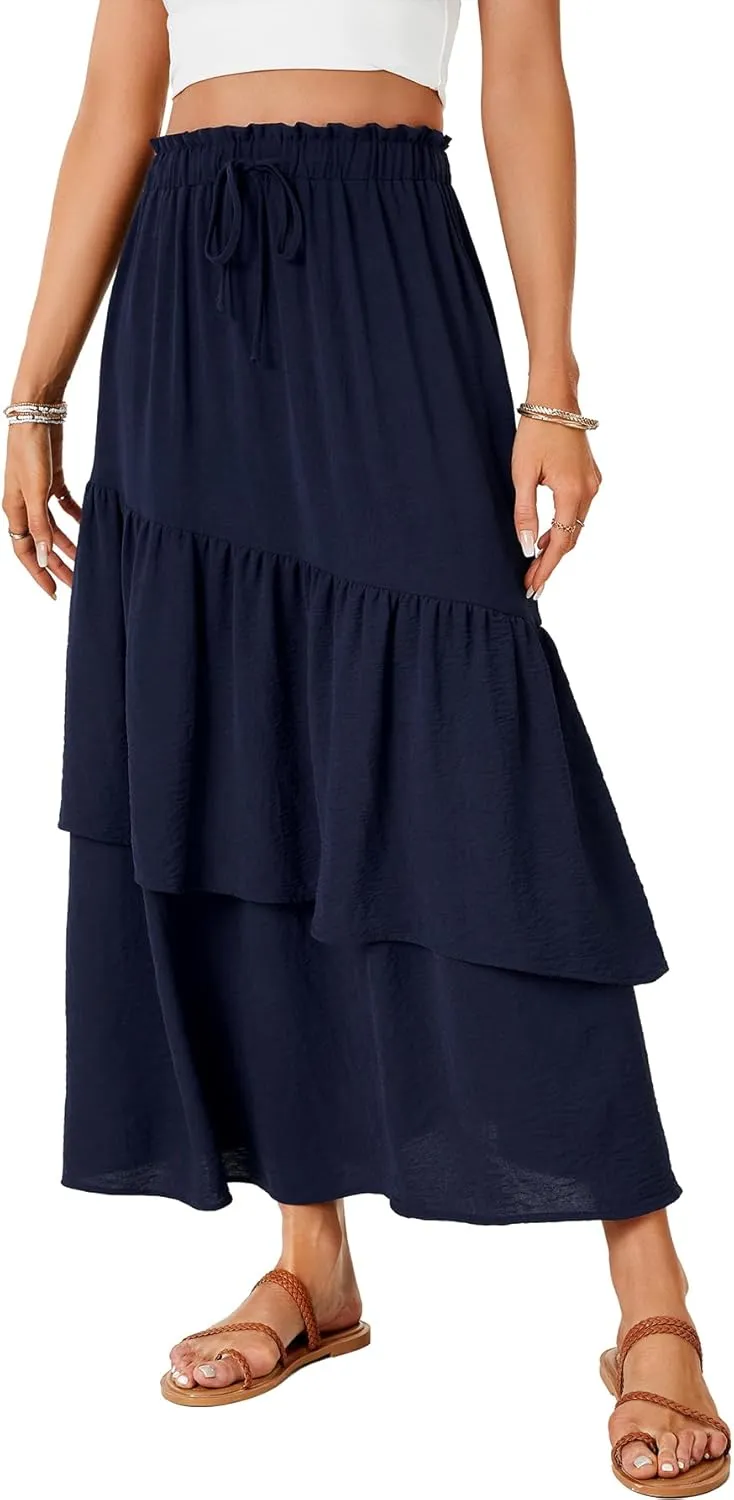 Vrtige Women's Summer Elastic High Waist A Line Flowy Asymmetrical Ruffle Maxi Long Skirts