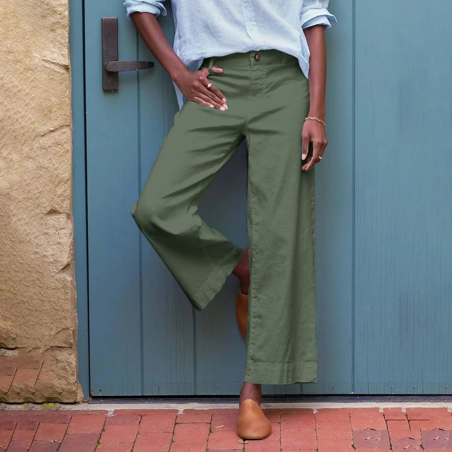 Wide Leg Linen Pants Women Cropped Elastic High Waisted Dress Pants Business Casual Comfy Work Pants with Pocket