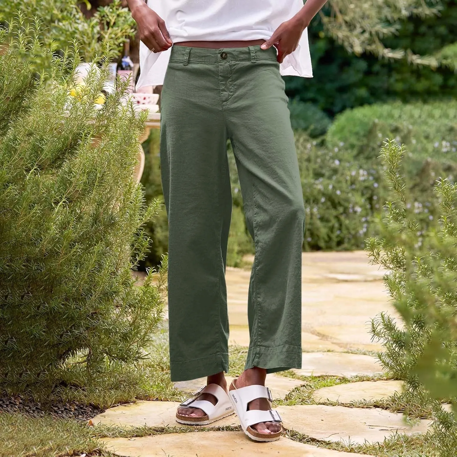 Wide Leg Linen Pants Women Cropped Elastic High Waisted Dress Pants Business Casual Comfy Work Pants with Pocket