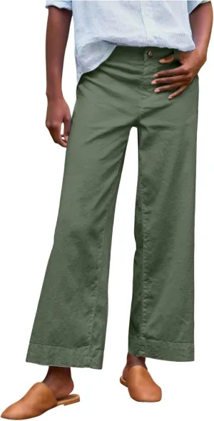 Wide Leg Linen Pants Women Cropped Elastic High Waisted Dress Pants Business Casual Comfy Work Pants with Pocket