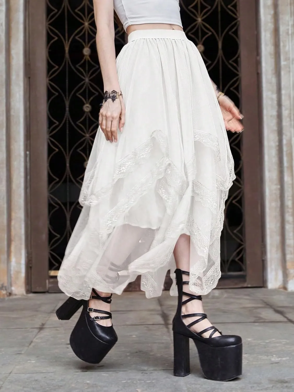 Womans Goth Lace Maxi Skirt A-Line Elastic High Waist Flowy Trim Layered Mesh Tulle Midi Skirts