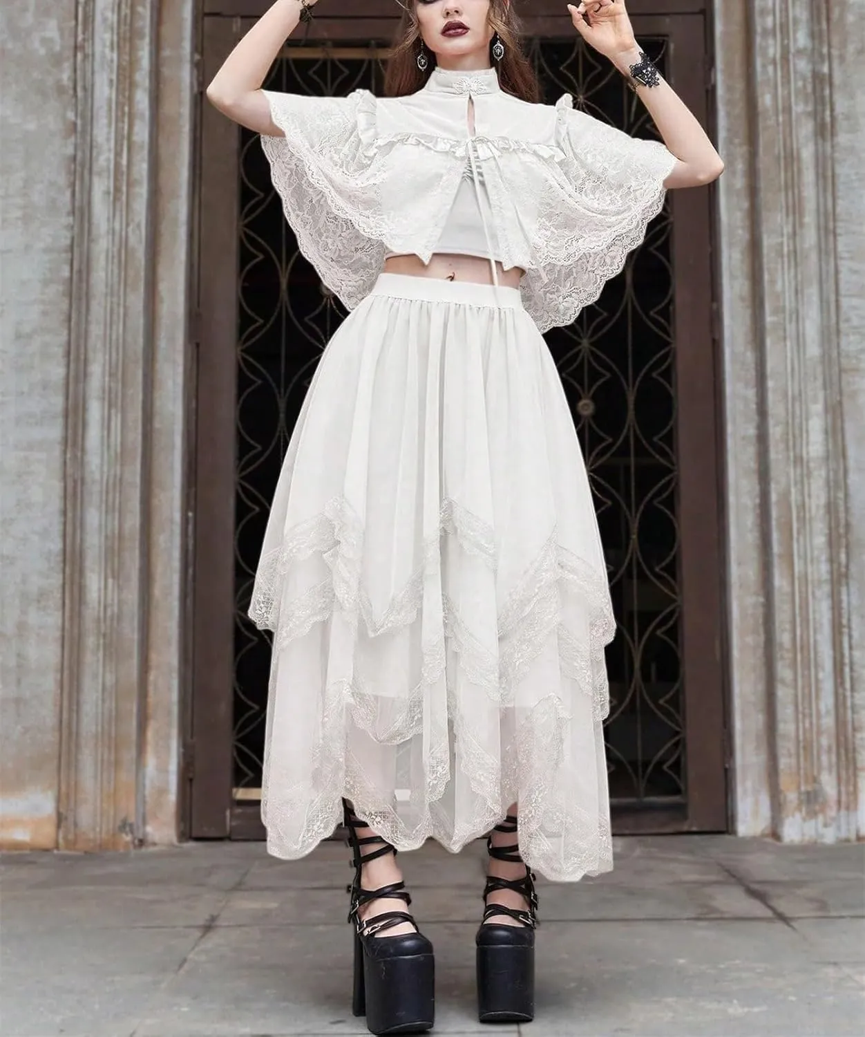 Womans Goth Lace Maxi Skirt A-Line Elastic High Waist Flowy Trim Layered Mesh Tulle Midi Skirts