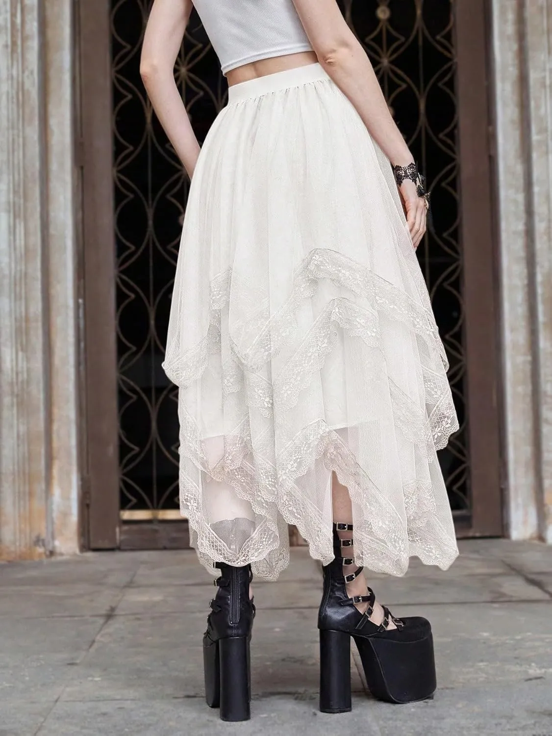 Womans Goth Lace Maxi Skirt A-Line Elastic High Waist Flowy Trim Layered Mesh Tulle Midi Skirts