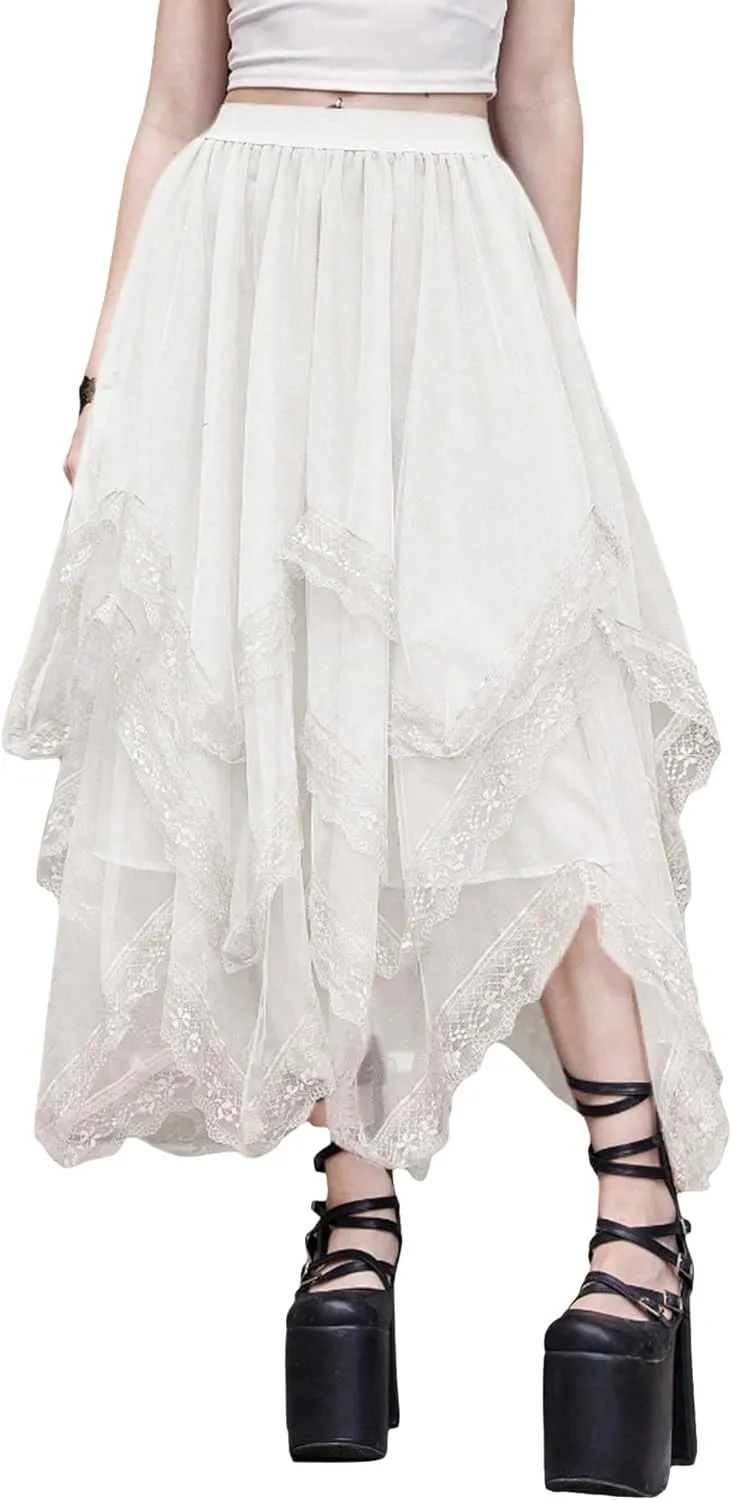 Womans Goth Lace Maxi Skirt A-Line Elastic High Waist Flowy Trim Layered Mesh Tulle Midi Skirts