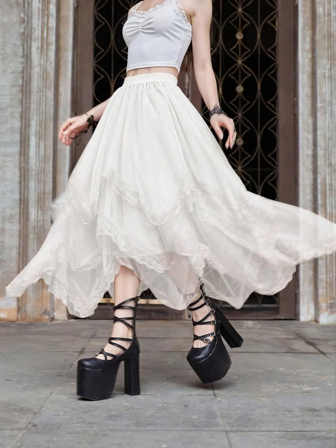 Womans Goth Lace Maxi Skirt A-Line Elastic High Waist Flowy Trim Layered Mesh Tulle Midi Skirts