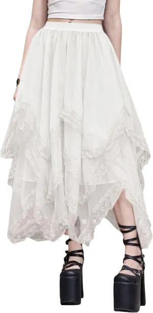 Womans Goth Lace Maxi Skirt A-Line Elastic High Waist Flowy Trim Layered Mesh Tulle Midi Skirts