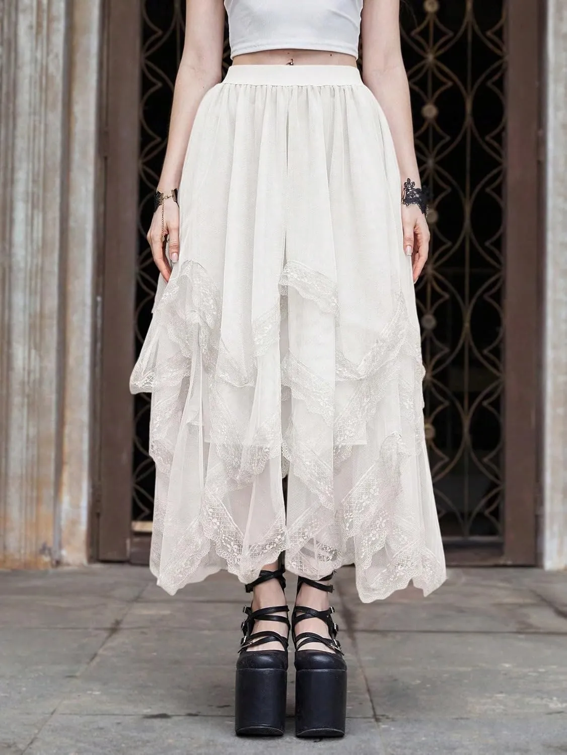Womans Goth Lace Maxi Skirt A-Line Elastic High Waist Flowy Trim Layered Mesh Tulle Midi Skirts