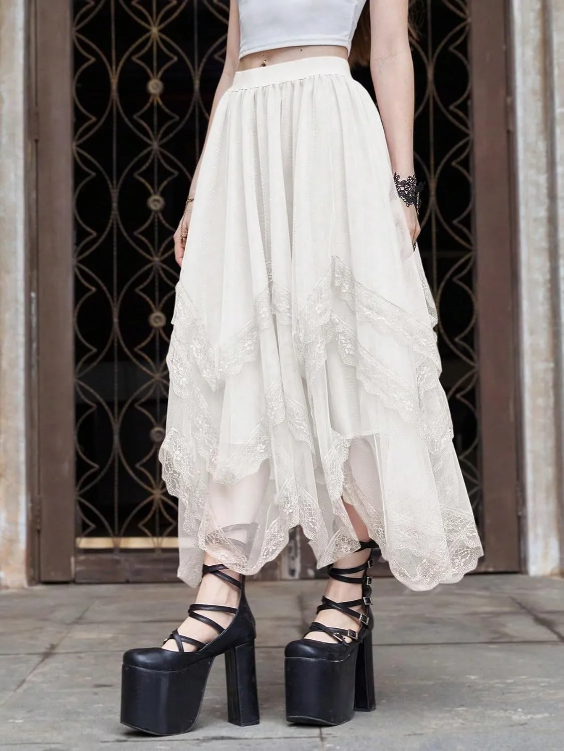 Womans Goth Lace Maxi Skirt A-Line Elastic High Waist Flowy Trim Layered Mesh Tulle Midi Skirts