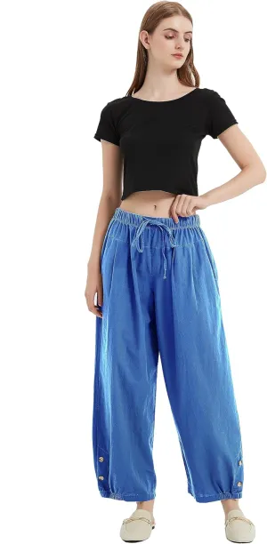 Women High Waist Casual Wide Leg Palazzo Pants Linen Drawstring Cropped Pants Trousers Regular Size