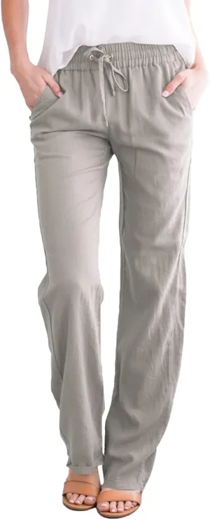 Women High Waist Straight Leg Pants Casual Elastic Waist Cotton Linen Wide Leg Pants Solid Summer Drawstring Trousers