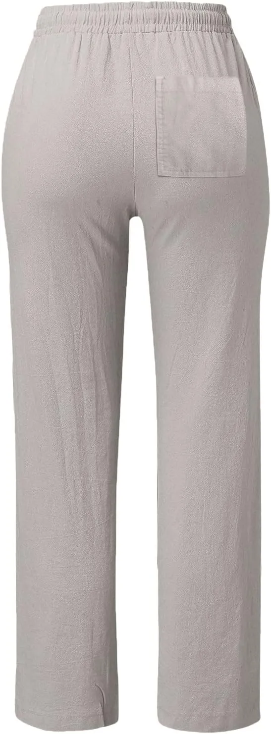 Women High Waist Straight Leg Pants Casual Elastic Waist Cotton Linen Wide Leg Pants Solid Summer Drawstring Trousers