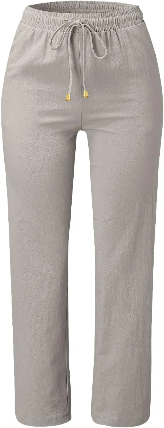 Women High Waist Straight Leg Pants Casual Elastic Waist Cotton Linen Wide Leg Pants Solid Summer Drawstring Trousers