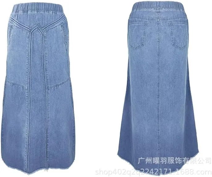 Women High Waisted Emo Jean Skirt A Line Long Denim Skirts Y2K Preppy Maxi Denim Skirt Vintage Frayed Hem Skirt