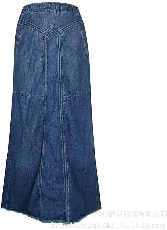 Women High Waisted Emo Jean Skirt A Line Long Denim Skirts Y2K Preppy Maxi Denim Skirt Vintage Frayed Hem Skirt
