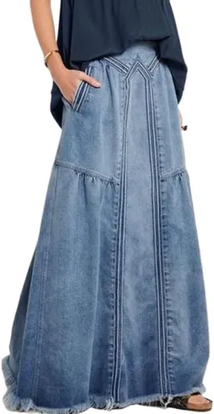 Women High Waisted Emo Jean Skirt A Line Long Denim Skirts Y2K Preppy Maxi Denim Skirt Vintage Frayed Hem Skirt