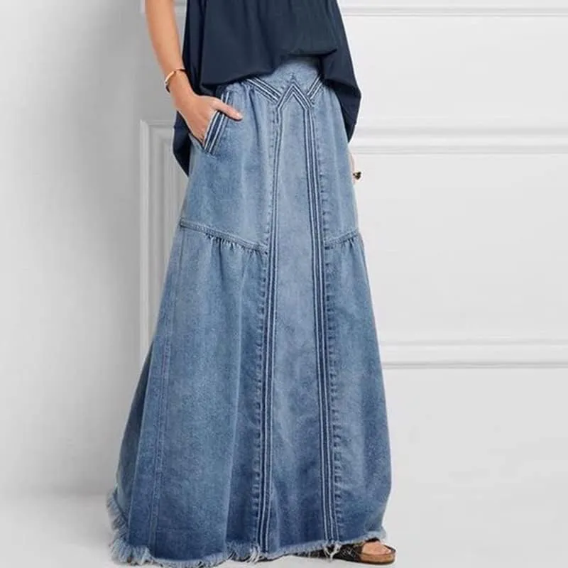 Women High Waisted Emo Jean Skirt A Line Long Denim Skirts Y2K Preppy Maxi Denim Skirt Vintage Frayed Hem Skirt