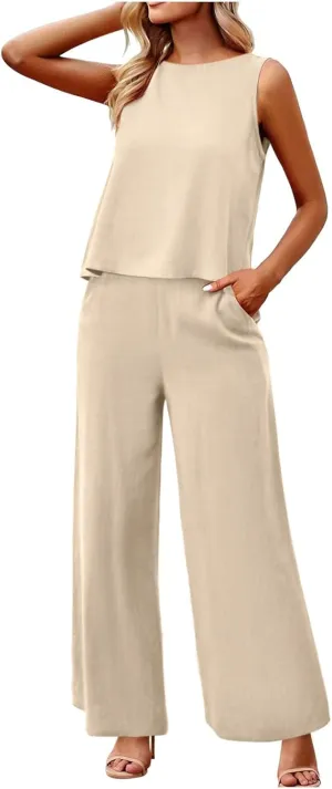 Women Linen Sets 2 Piece Outfits Straight Wide Leg Pants Set Short Sleeve T-shirt Casual Outfits Comfy Loungewear