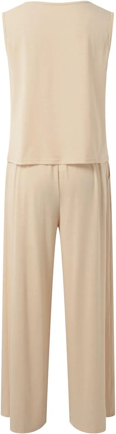 Women Linen Sets 2 Piece Outfits Straight Wide Leg Pants Set Short Sleeve T-shirt Casual Outfits Comfy Loungewear