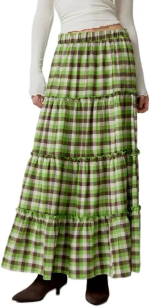 Women Plaid Print Midi Skirts Elastic High Waist A Line Pleated Flowy Maxi Skirts Casual Tiered Summer Skirts