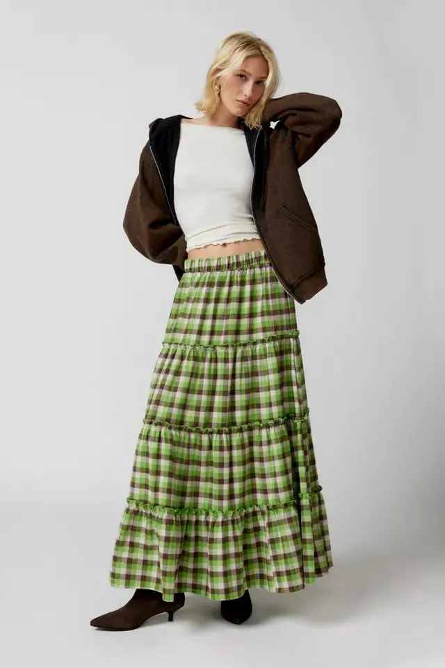 Women Plaid Print Midi Skirts Elastic High Waist A Line Pleated Flowy Maxi Skirts Casual Tiered Summer Skirts