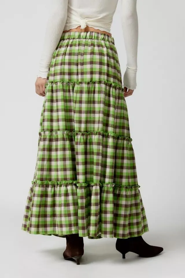 Women Plaid Print Midi Skirts Elastic High Waist A Line Pleated Flowy Maxi Skirts Casual Tiered Summer Skirts