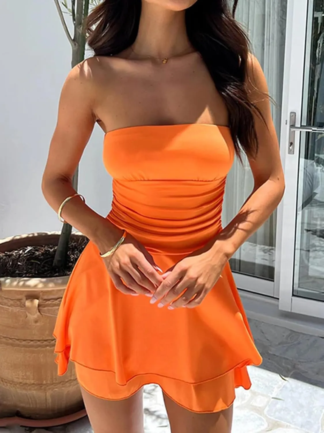 Women Sexy Tube Top Silk Dress Strapless Ruched Basque Waist Ruffle Layer Mini Dress Jumpsuit Party Dresses