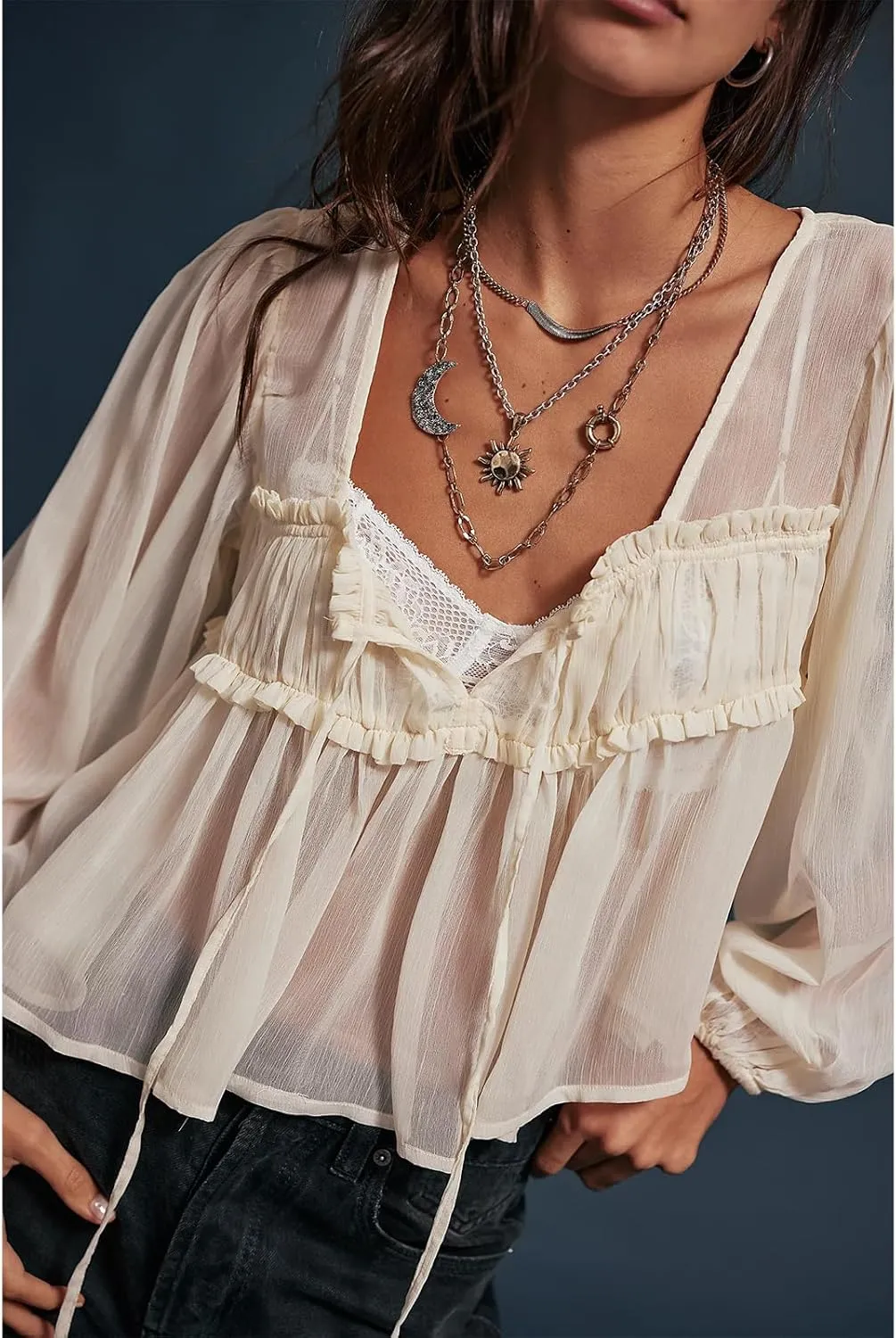 Women Solid Color Sheer Mesh Cardigan Long Puff Sleeve Ruffle Hem Tie Front Peplum Top Summer See Through Shirt