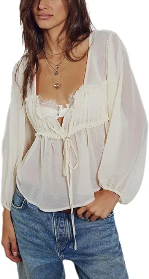 Women Solid Color Sheer Mesh Cardigan Long Puff Sleeve Ruffle Hem Tie Front Peplum Top Summer See Through Shirt