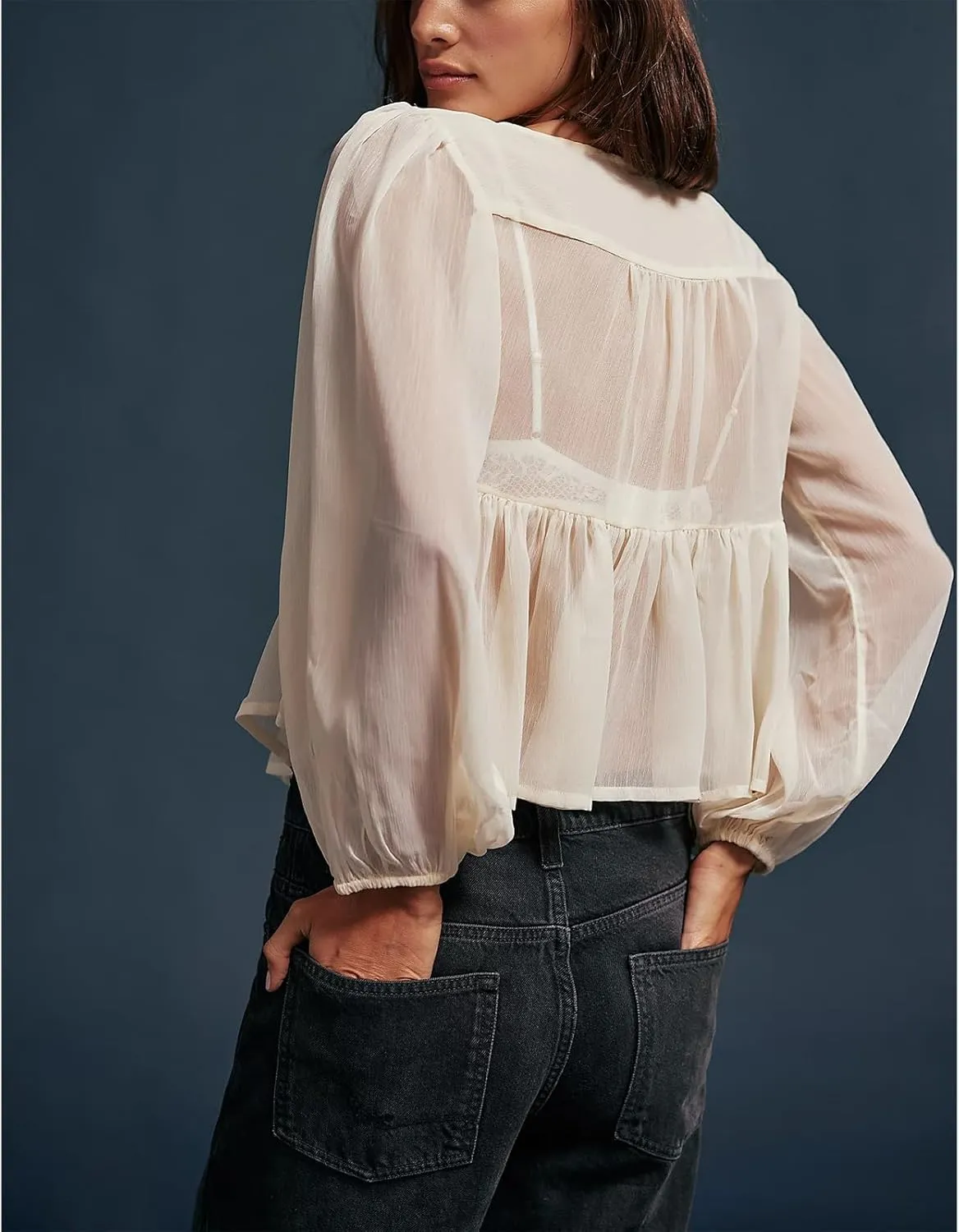Women Solid Color Sheer Mesh Cardigan Long Puff Sleeve Ruffle Hem Tie Front Peplum Top Summer See Through Shirt