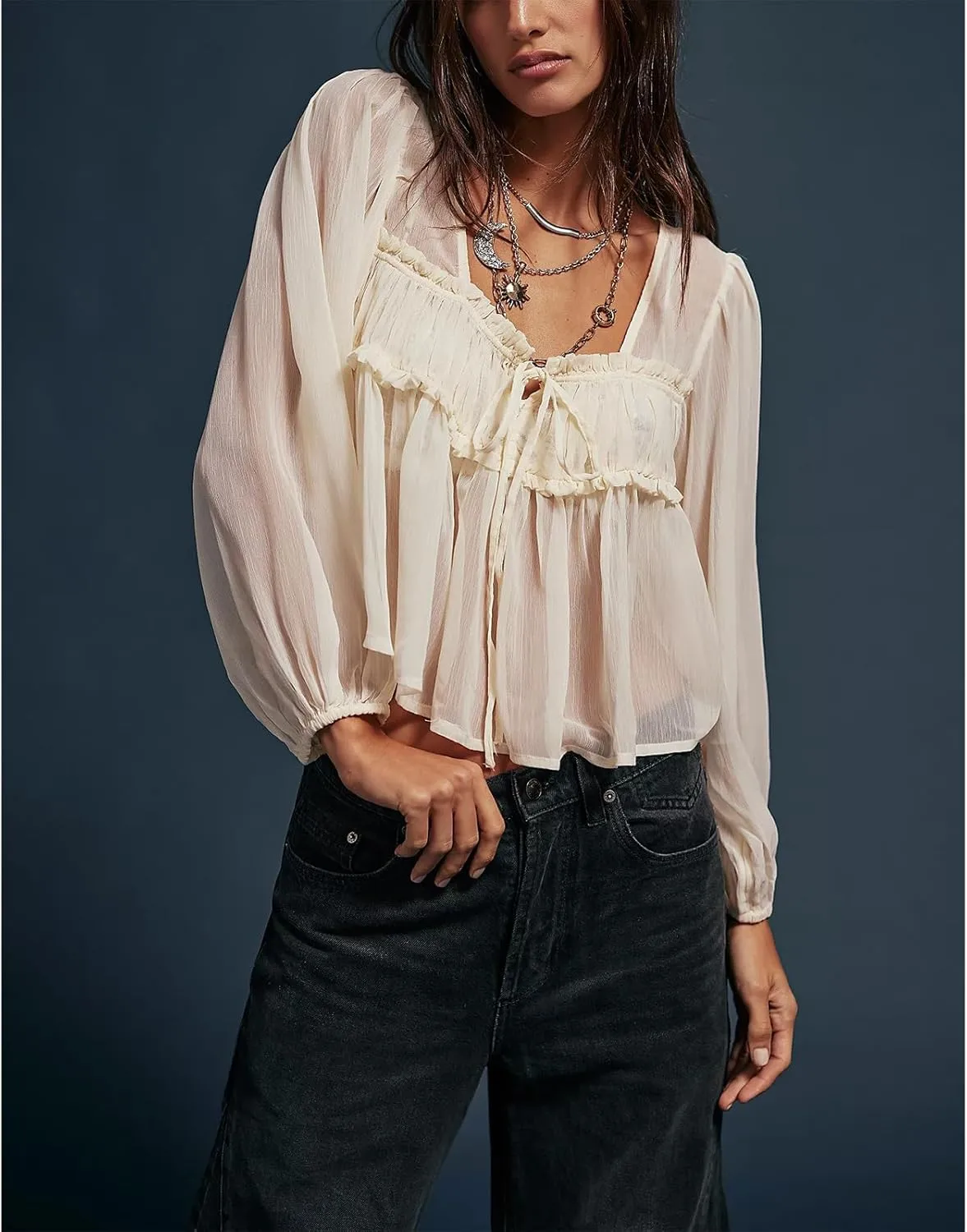Women Solid Color Sheer Mesh Cardigan Long Puff Sleeve Ruffle Hem Tie Front Peplum Top Summer See Through Shirt