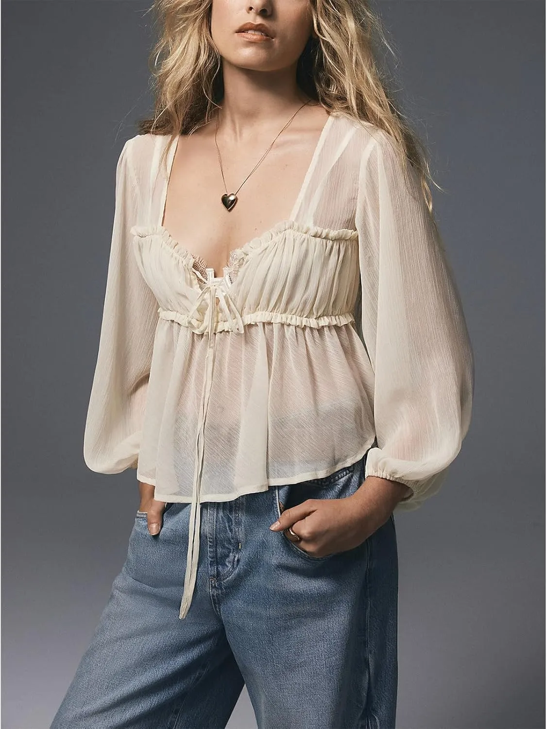 Women Solid Color Sheer Mesh Cardigan Long Puff Sleeve Ruffle Hem Tie Front Peplum Top Summer See Through Shirt