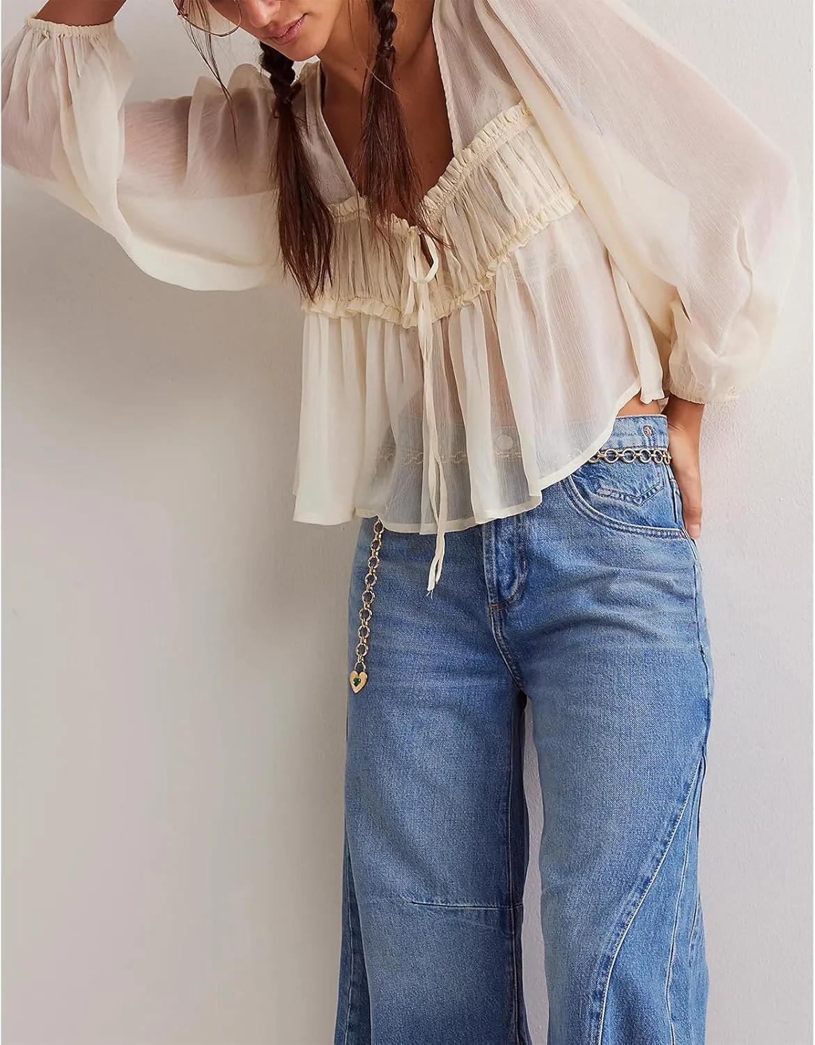 Women Solid Color Sheer Mesh Cardigan Long Puff Sleeve Ruffle Hem Tie Front Peplum Top Summer See Through Shirt