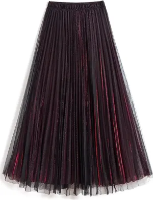 Women Spring Fall Pleated Midi Skirt High Waist Elasticity Casual Party Maxi Long Skirt