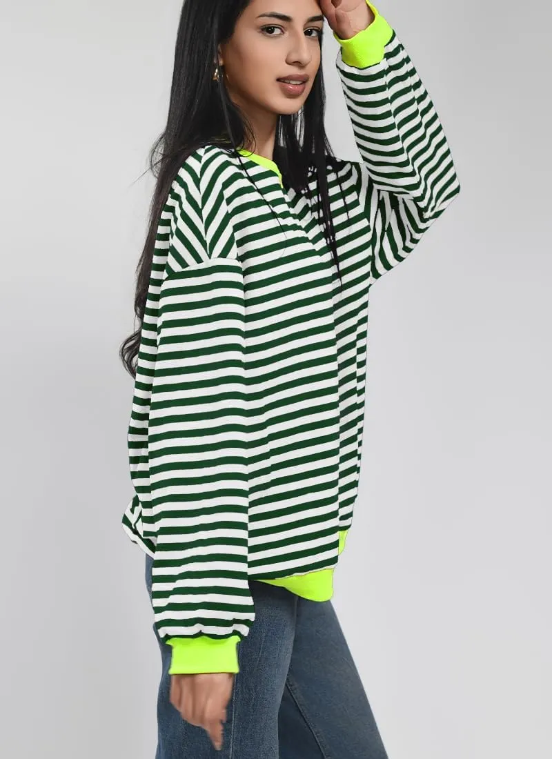 Women Striped Oversized Sweatshirt Color Block Long Sleeve Shirt Crew Neck Casual Loose Pullover Y2K Top