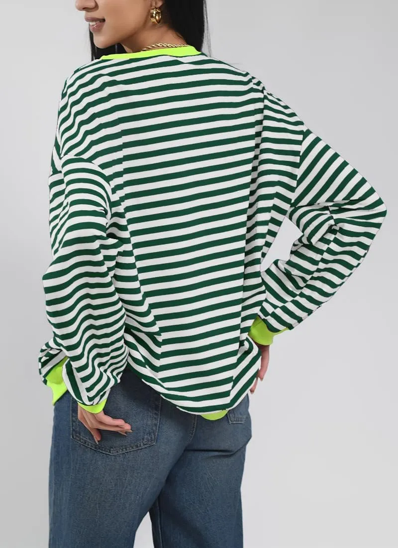 Women Striped Oversized Sweatshirt Color Block Long Sleeve Shirt Crew Neck Casual Loose Pullover Y2K Top