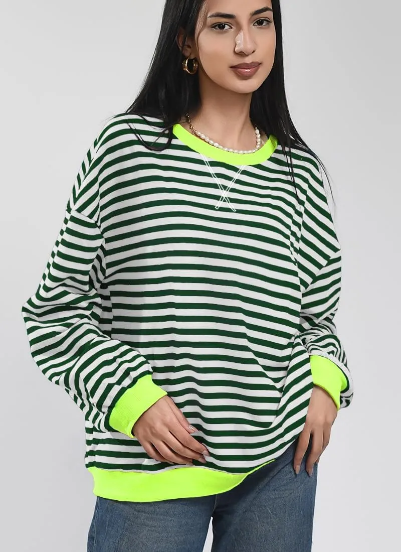 Women Striped Oversized Sweatshirt Color Block Long Sleeve Shirt Crew Neck Casual Loose Pullover Y2K Top