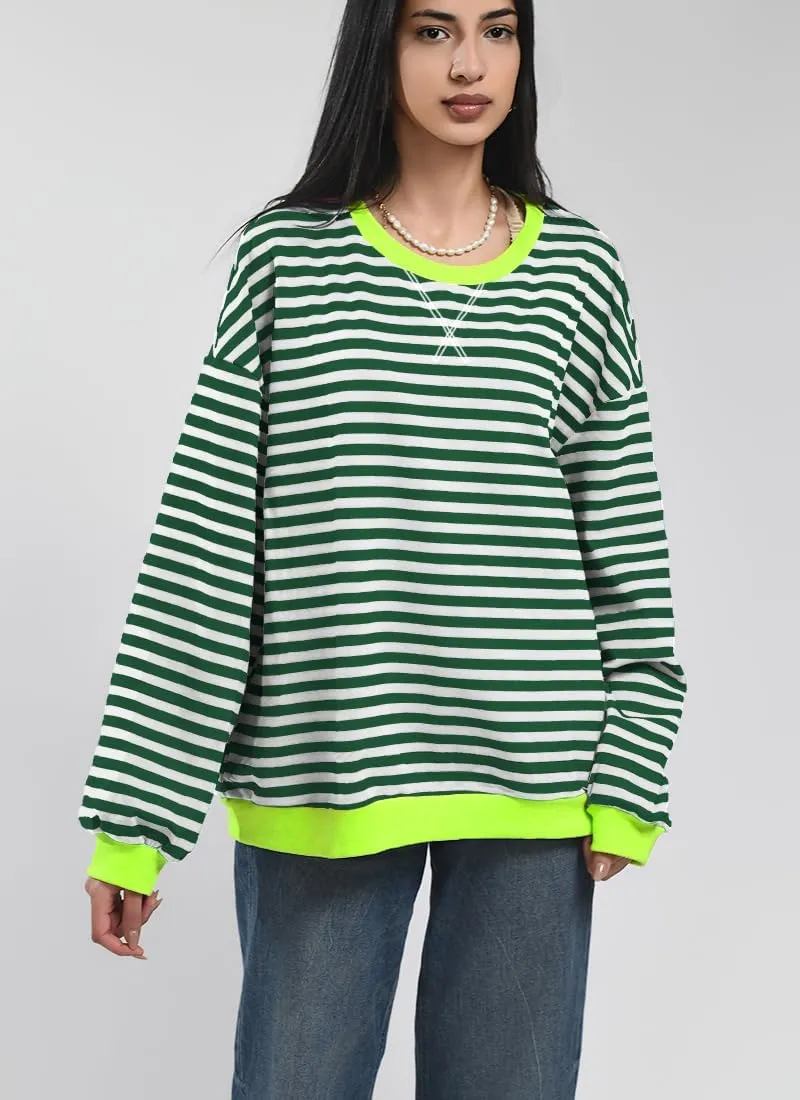 Women Striped Oversized Sweatshirt Color Block Long Sleeve Shirt Crew Neck Casual Loose Pullover Y2K Top