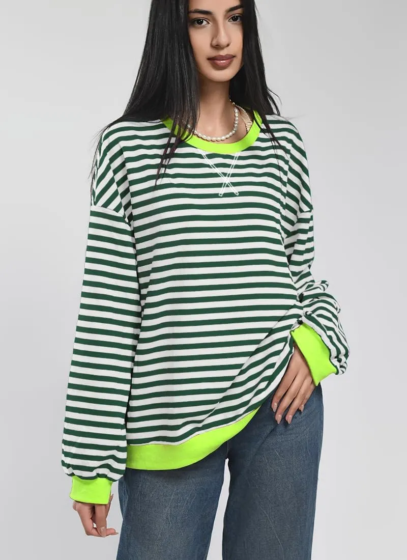 Women Striped Oversized Sweatshirt Color Block Long Sleeve Shirt Crew Neck Casual Loose Pullover Y2K Top