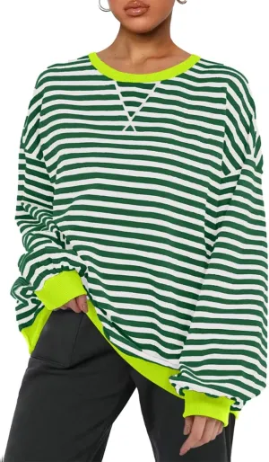 Women Striped Oversized Sweatshirt Color Block Long Sleeve Shirt Crew Neck Casual Loose Pullover Y2K Top