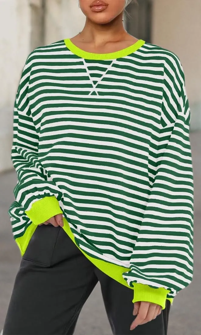 Women Striped Oversized Sweatshirt Color Block Long Sleeve Shirt Crew Neck Casual Loose Pullover Y2K Top