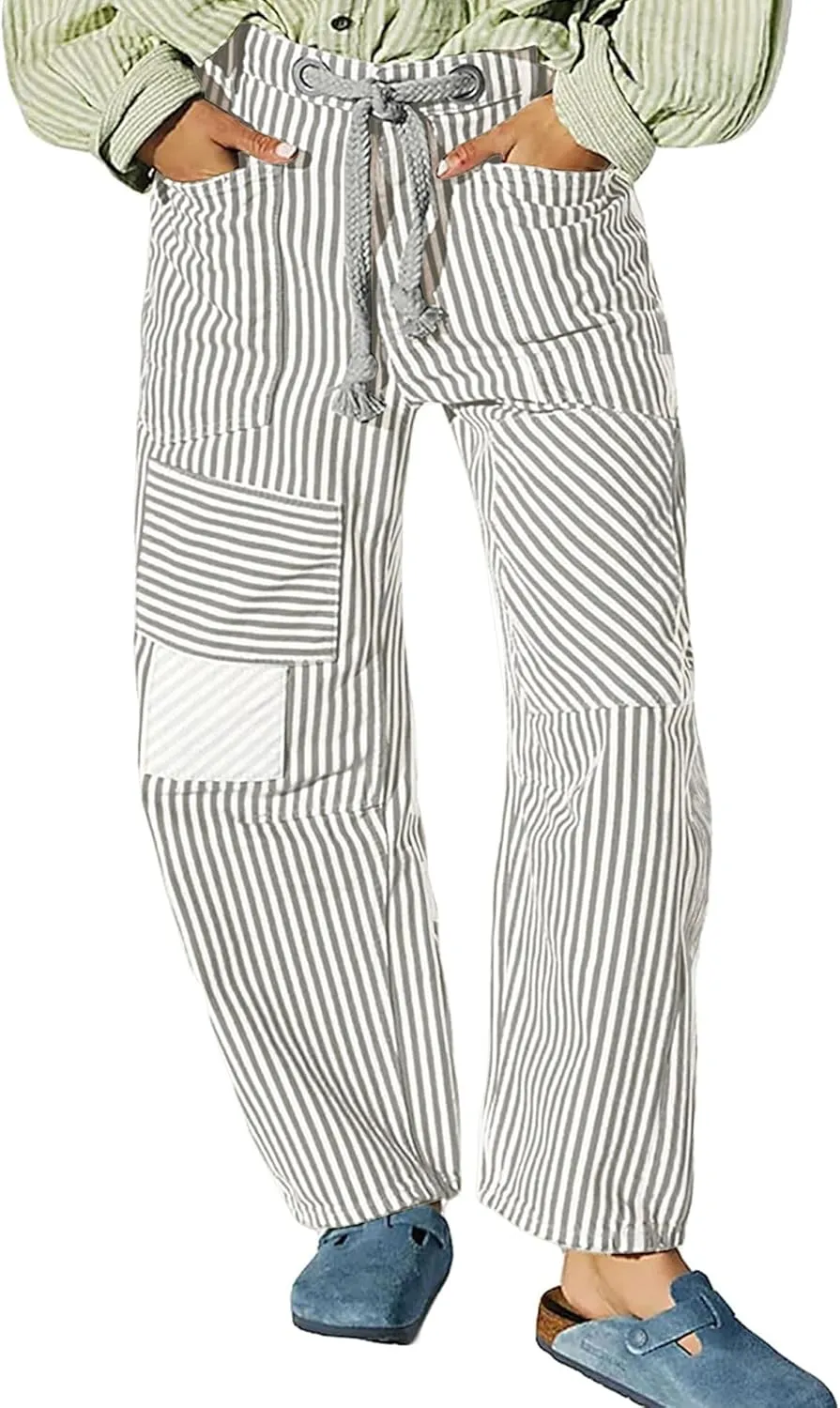 Women Striped Patchwork Jeans High Waist Drawstring Baggy Barrel Wide Leg Denim Pants Casual Trousers with Pockets