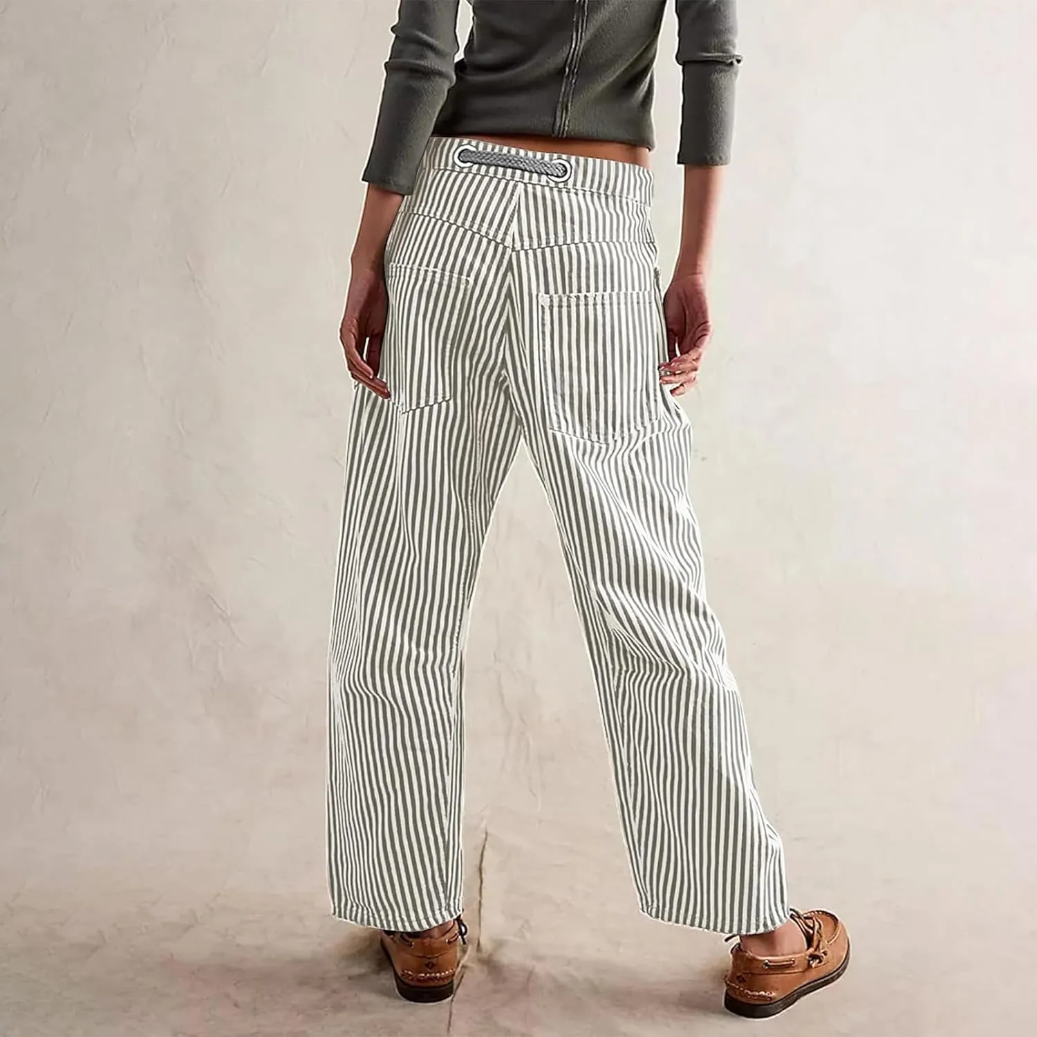 Women Striped Patchwork Jeans High Waist Drawstring Baggy Barrel Wide Leg Denim Pants Casual Trousers with Pockets