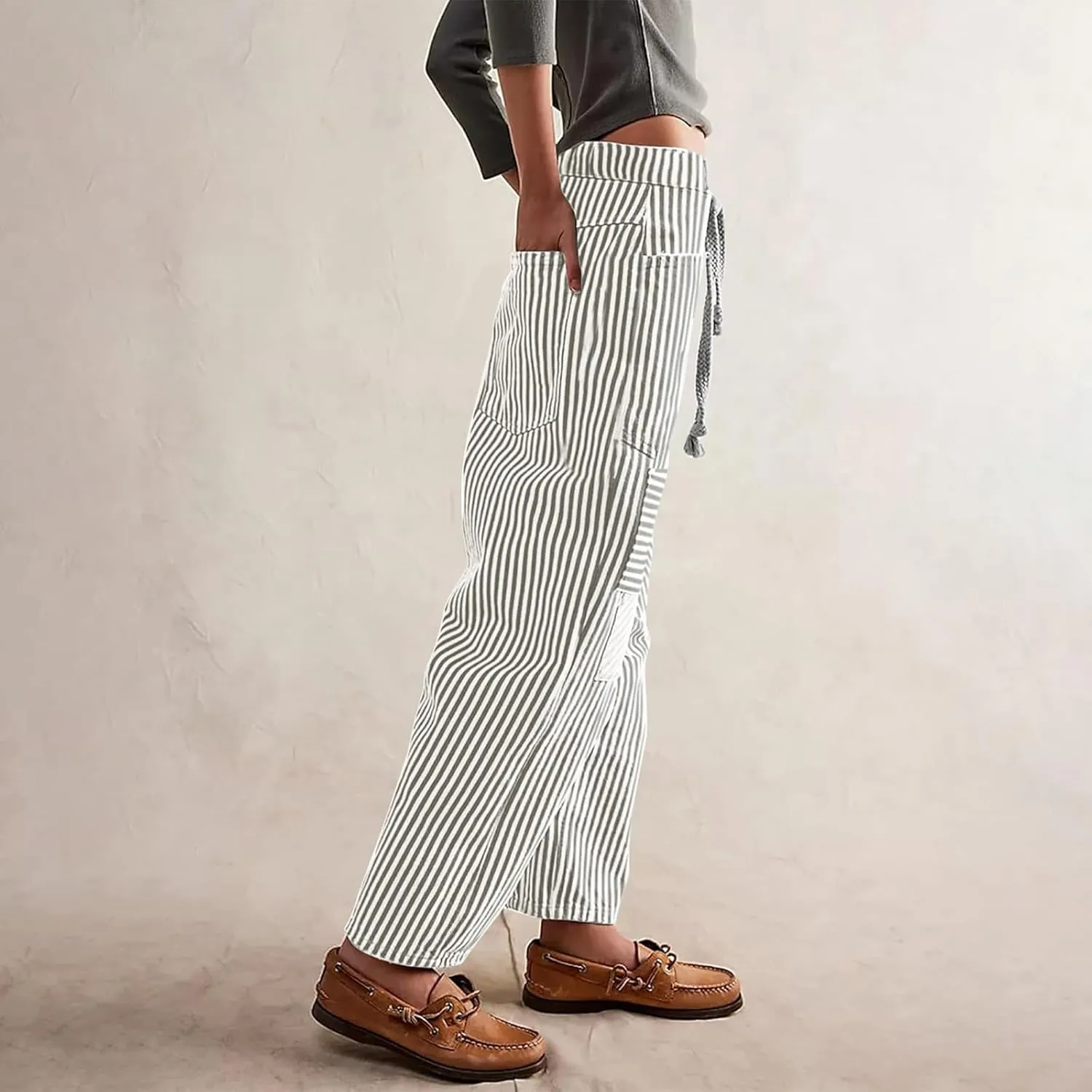 Women Striped Patchwork Jeans High Waist Drawstring Baggy Barrel Wide Leg Denim Pants Casual Trousers with Pockets