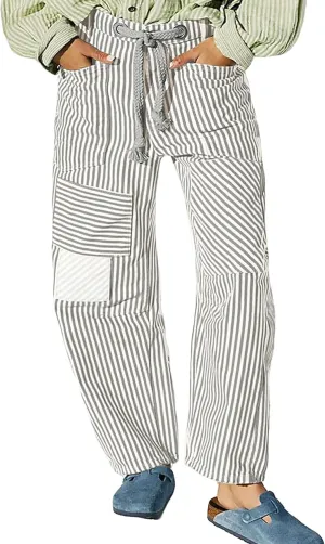 Women Striped Patchwork Jeans High Waist Drawstring Baggy Barrel Wide Leg Denim Pants Casual Trousers with Pockets