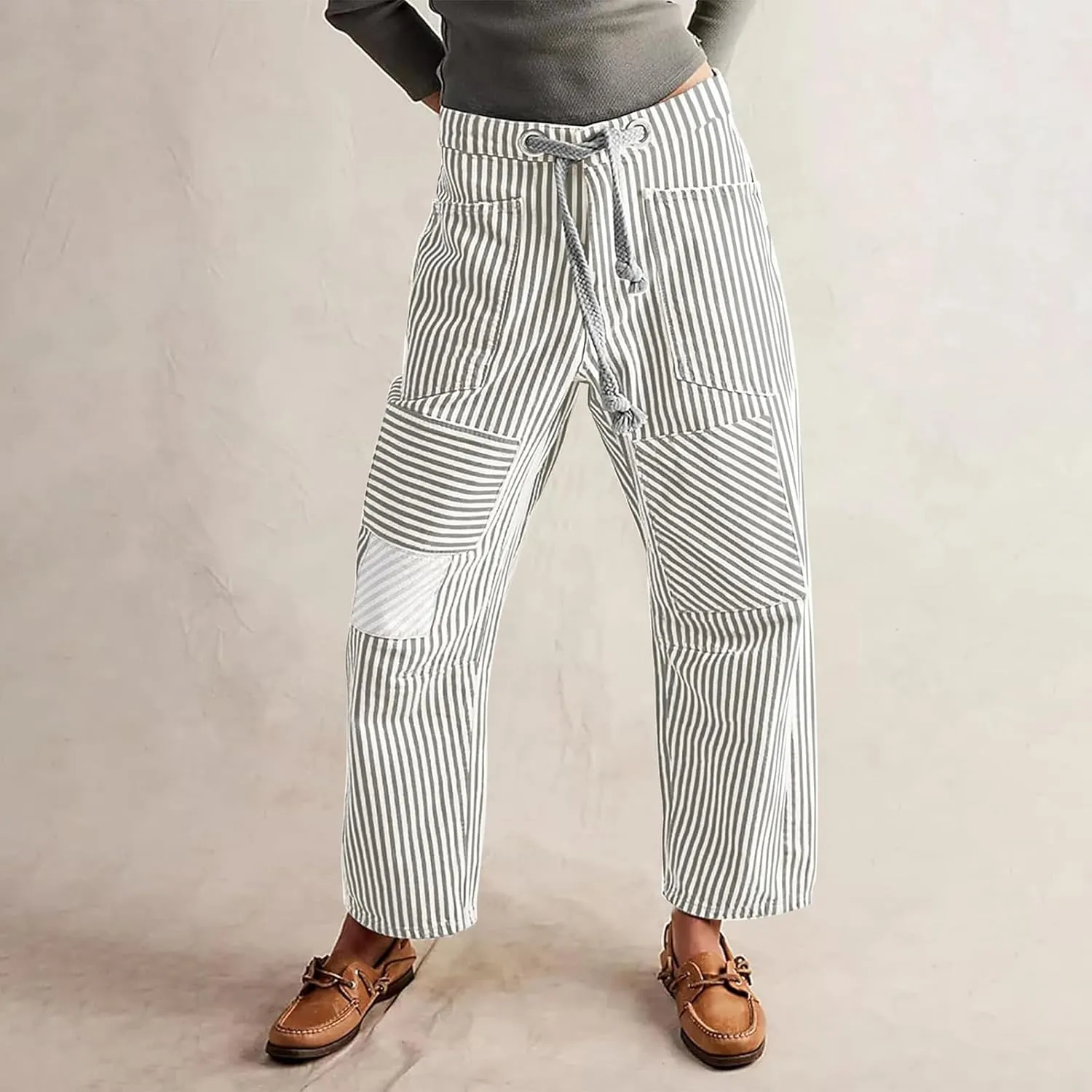 Women Striped Patchwork Jeans High Waist Drawstring Baggy Barrel Wide Leg Denim Pants Casual Trousers with Pockets