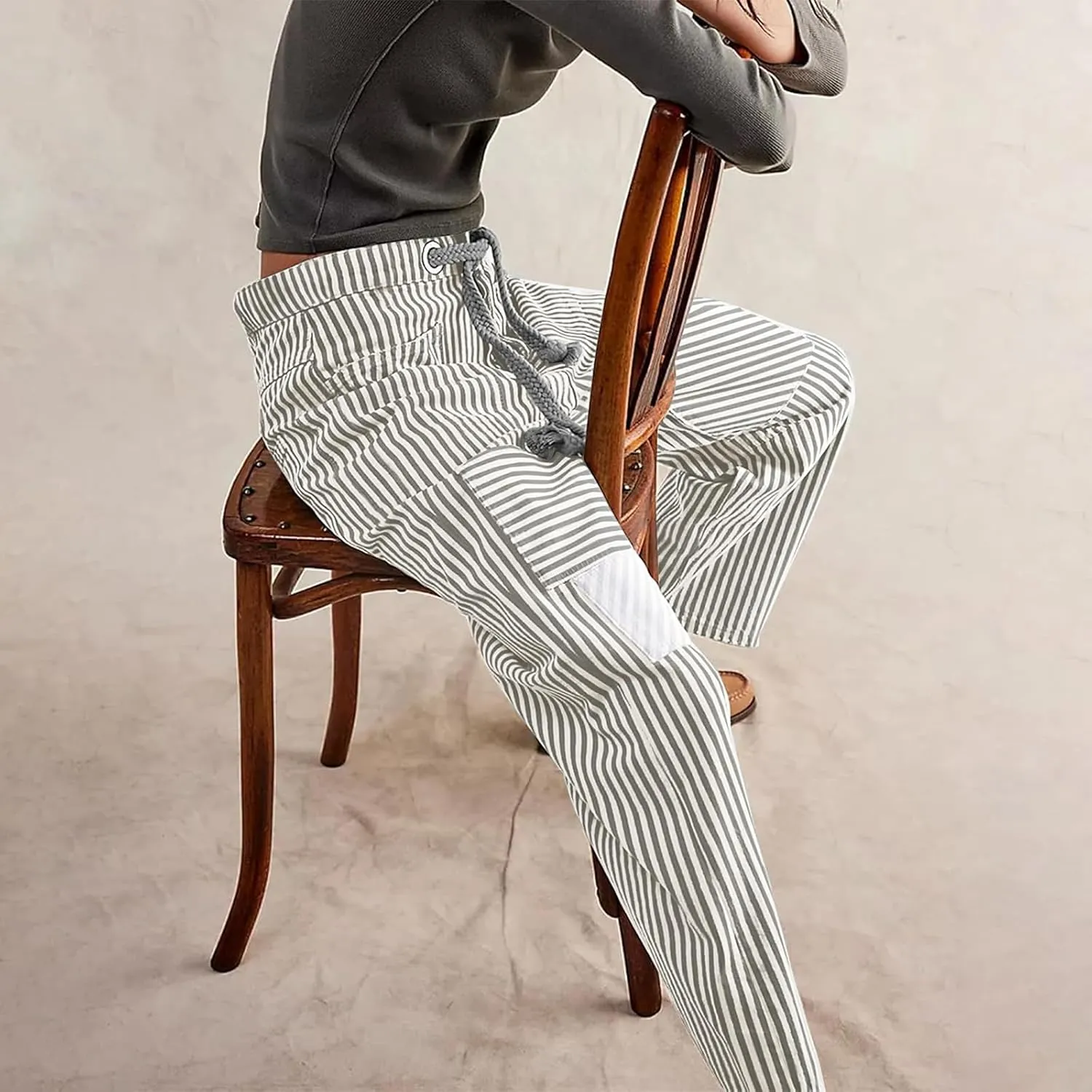Women Striped Patchwork Jeans High Waist Drawstring Baggy Barrel Wide Leg Denim Pants Casual Trousers with Pockets